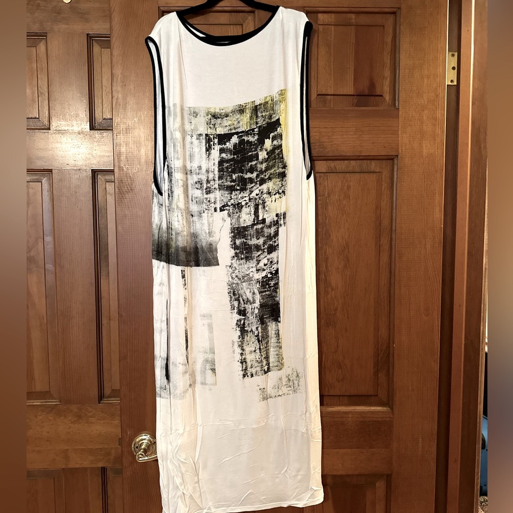 Helmet Lang Graphic Print Yellow Detail Black Piping Tank Midi Dress